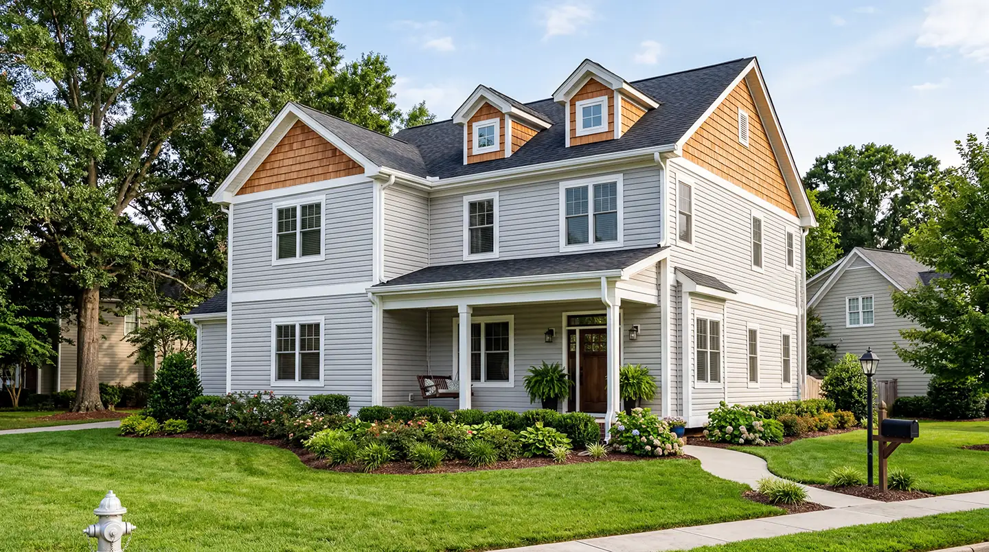 Home with fresh grey siding installed by Redeem Roofing in the Triad